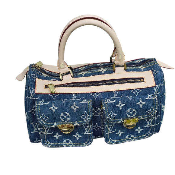 Louis Vuitton Blue Monogram Denim Neo Speedy Handbag Blue Gold Double Pockets - Picture 1 of 16